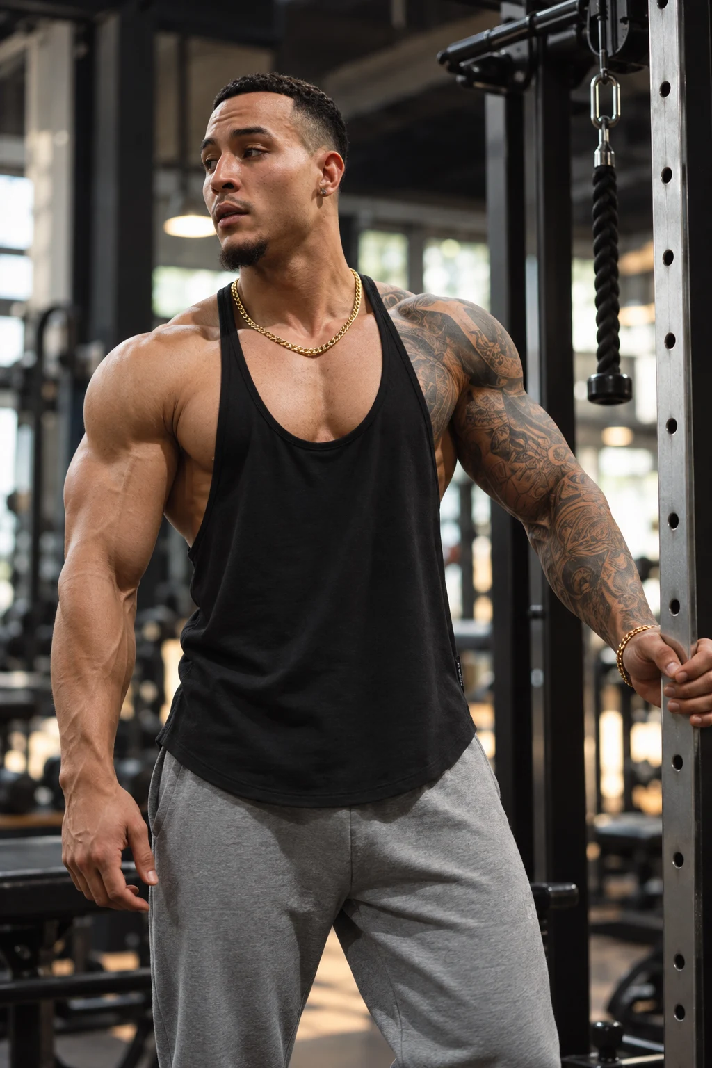 Luis wearing the Onyx Line Stringer beside a cable station between sets