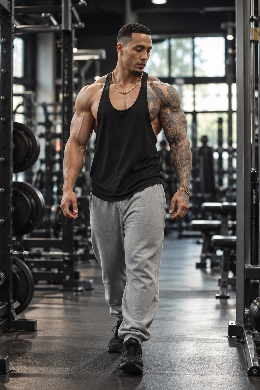 Full-body view of Luis walking through the gym wearing the Onyx Line Stringer