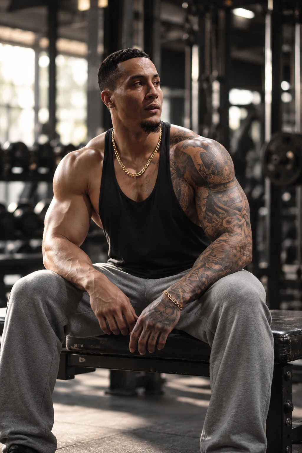 Luis resting on a gym bench wearing the Onyx Line Stringer