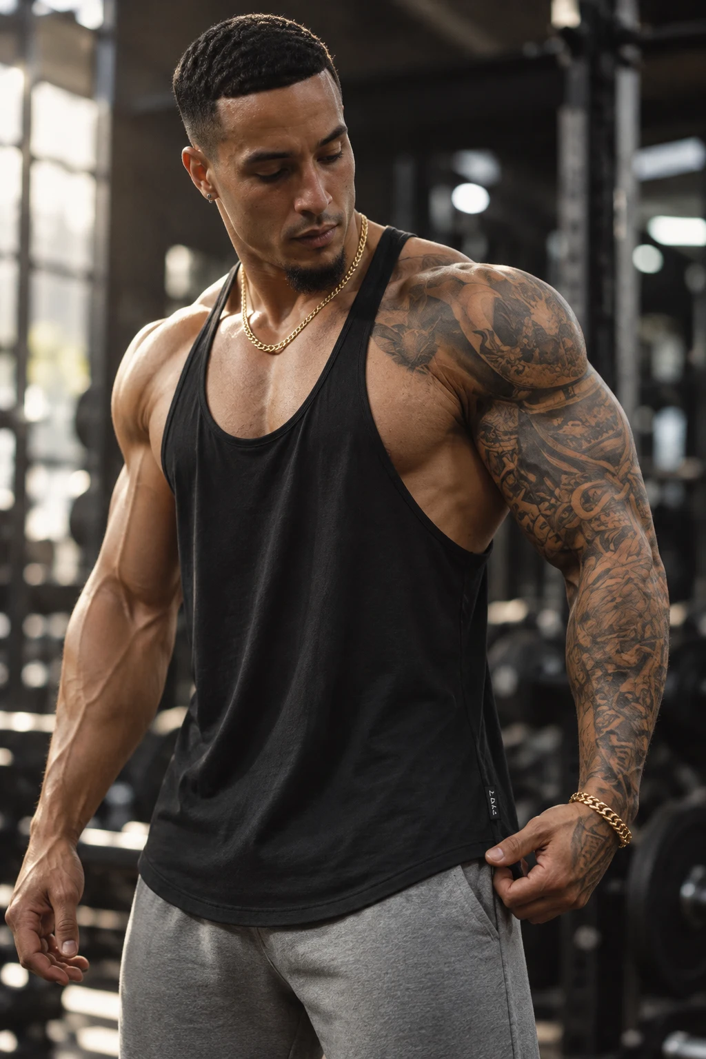 Close view of the Onyx Line Stringer scoop neckline, open armhole and lightweight jersey drape on Luis