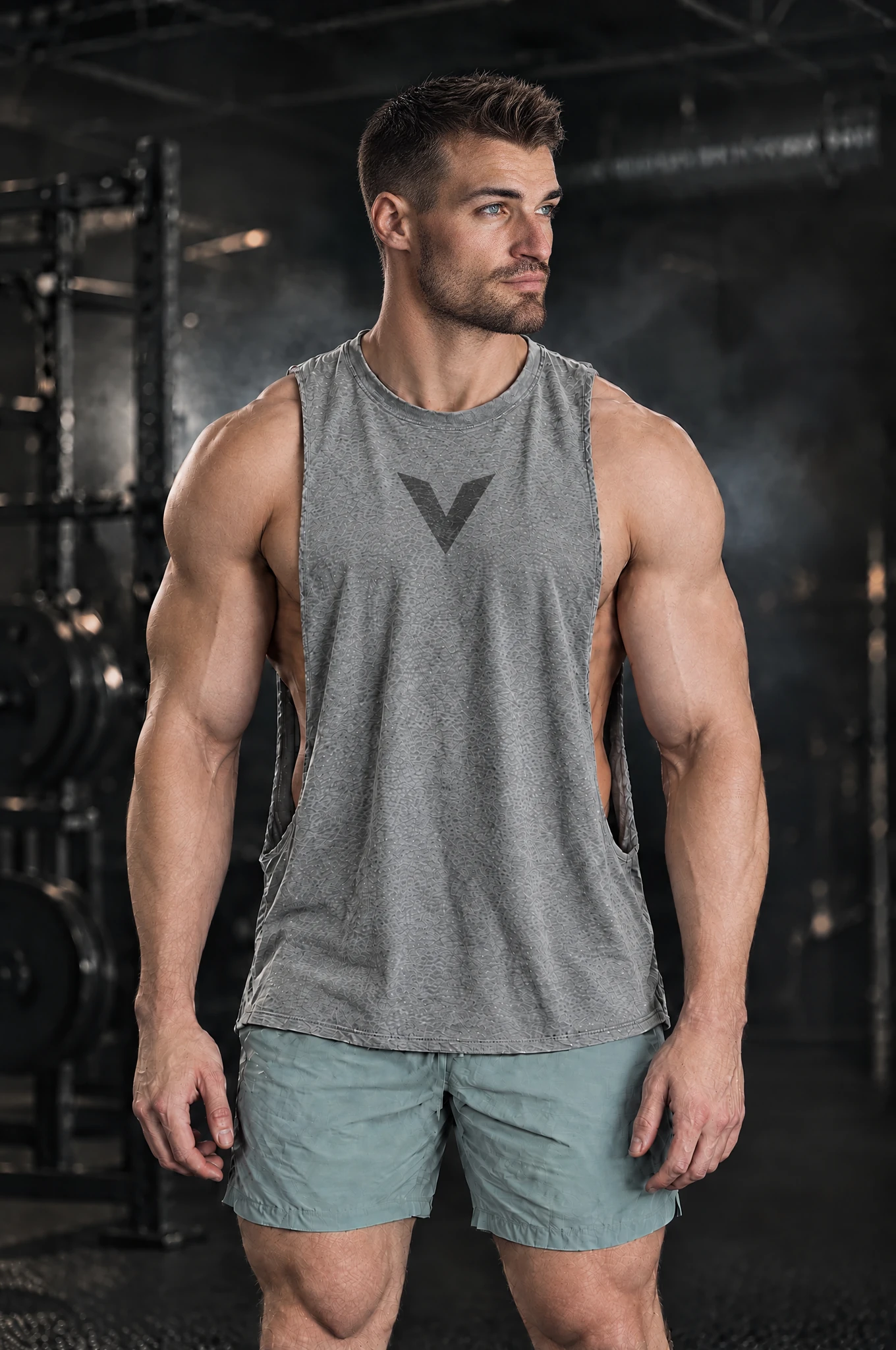 Kyle wearing the Heather Grey Signal Cutoff, front view
