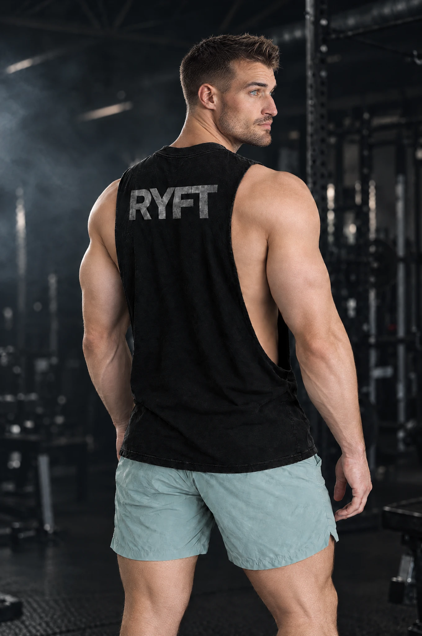 Campus Cutoff in Black, worn by model, back view looking over the shoulder