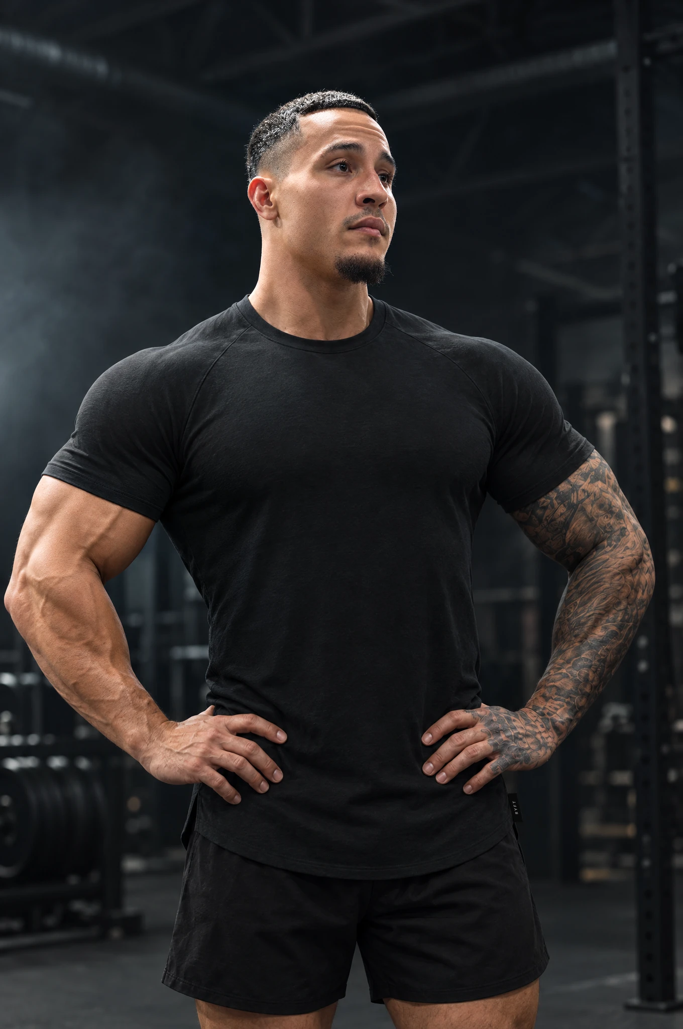 Obsidian Training Tee in Onyx, worn by model, hands on hips