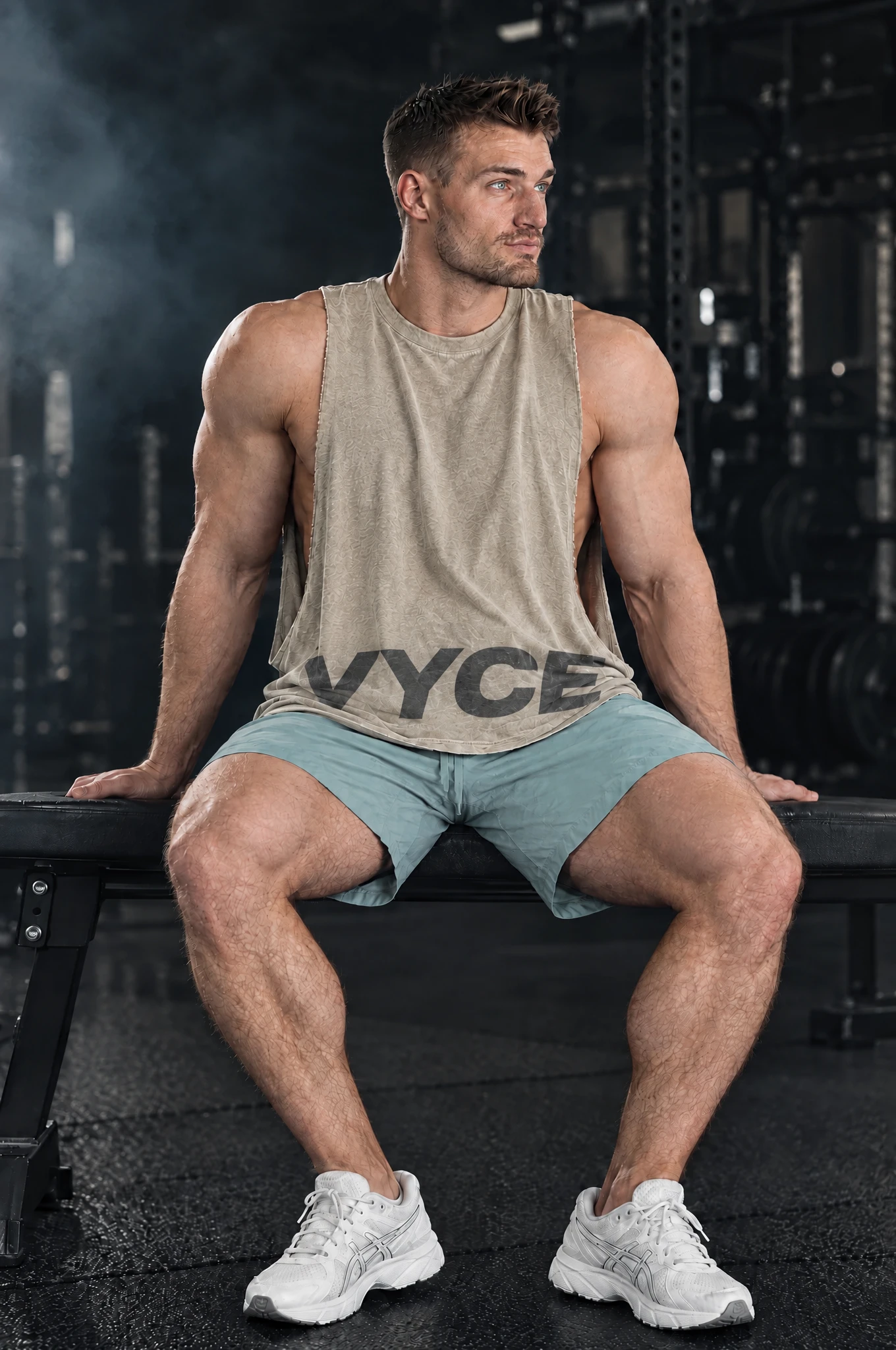 Kyle wearing the Stone Drop Cutoff, seated on a bench