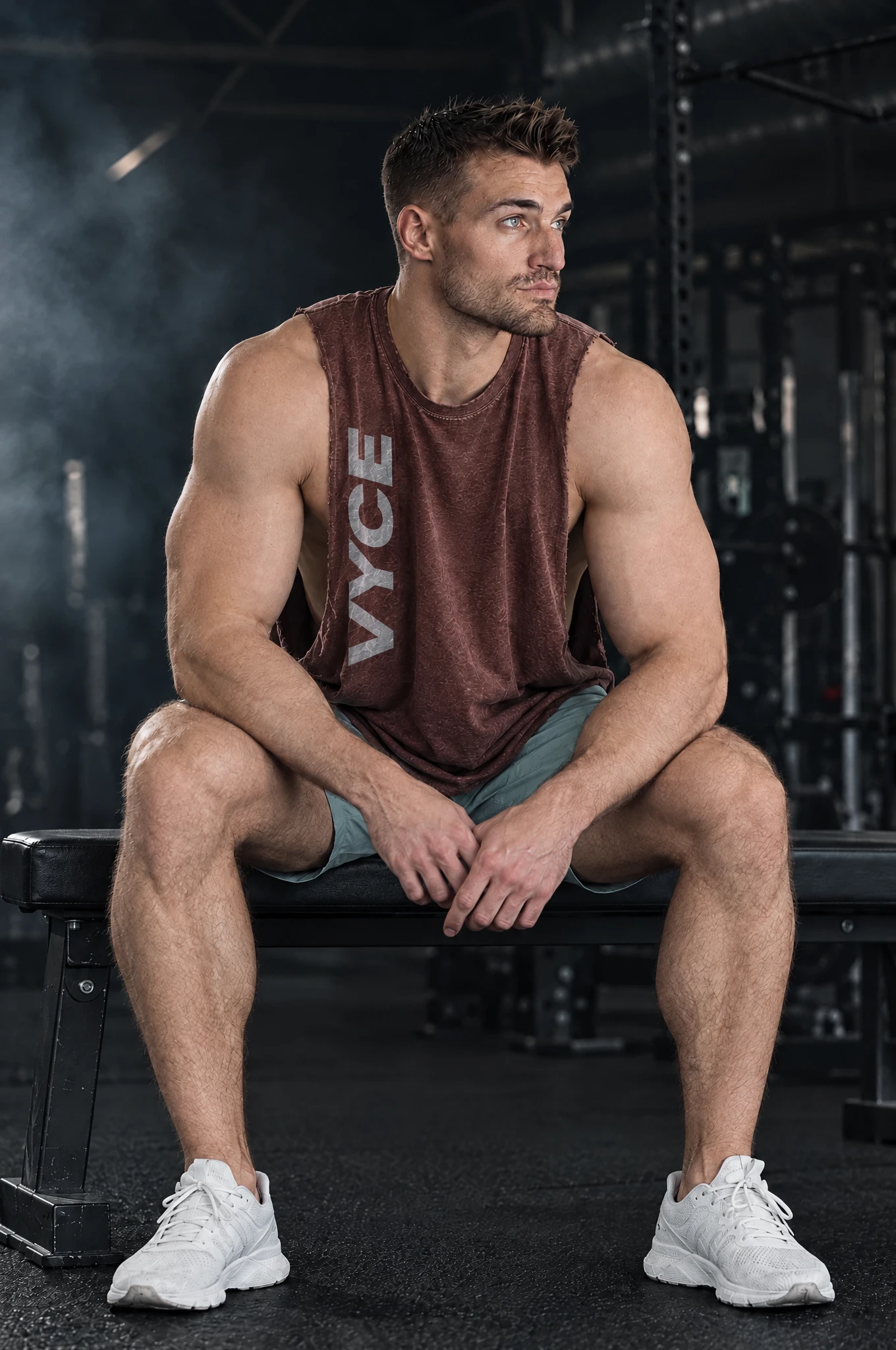 Kyle wearing the Oxblood Vertical Cutoff, seated on a bench