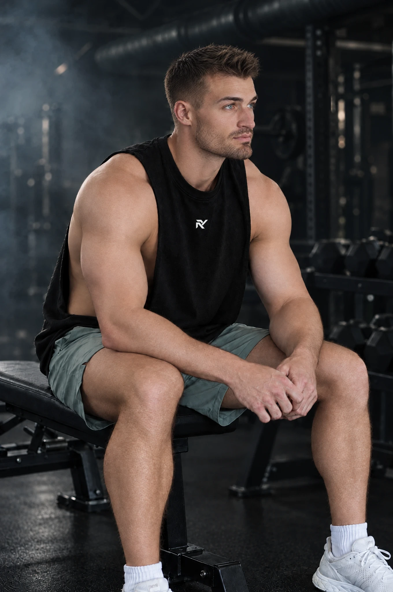 Campus Cutoff in Black, worn by model, seated