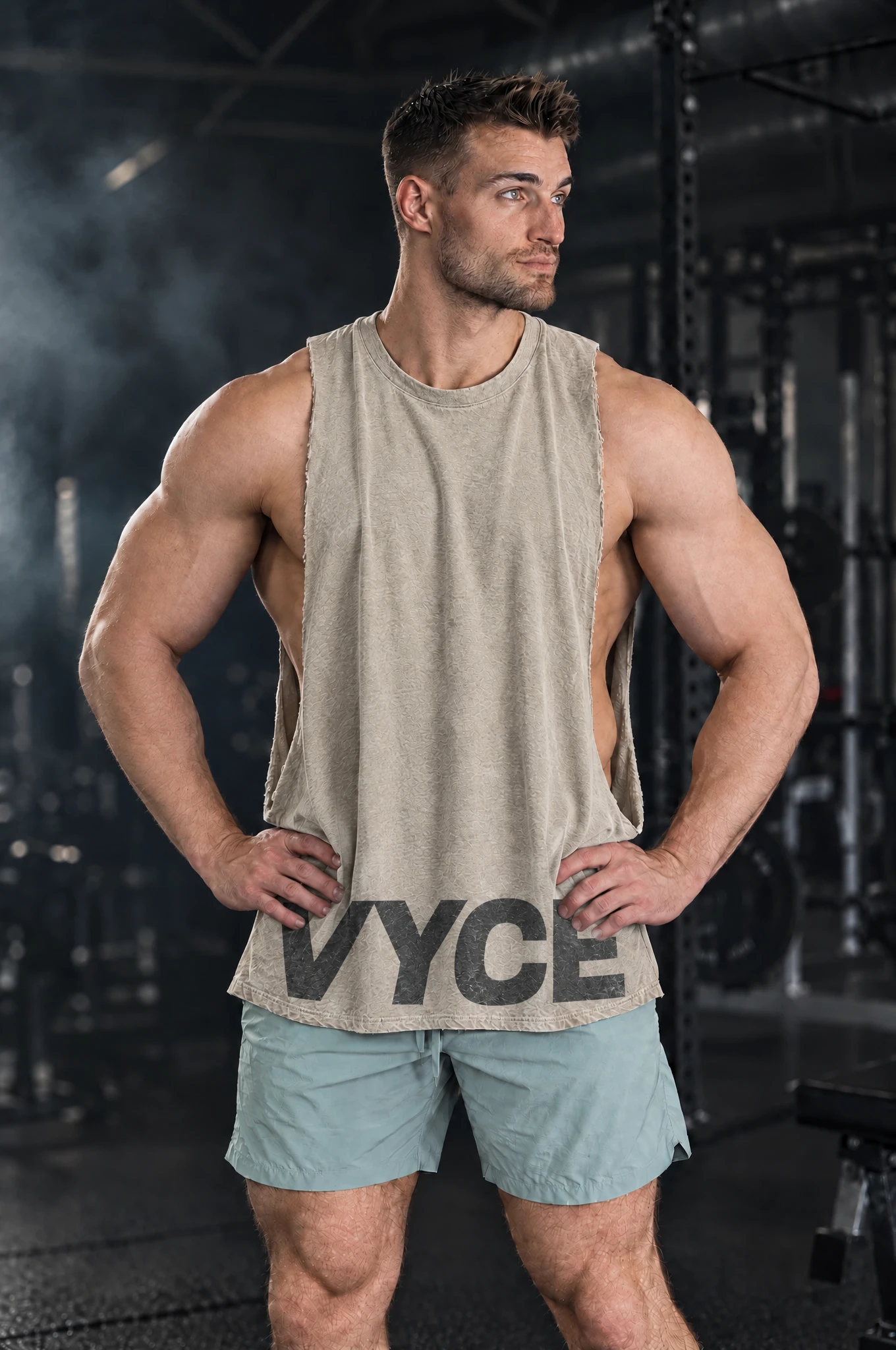Kyle wearing the Stone Drop Cutoff, hands on hips