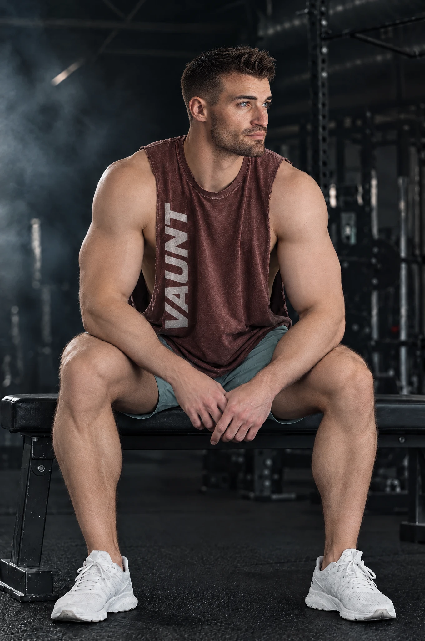 Kyle wearing the Oxblood Vertical Cutoff, seated on a bench