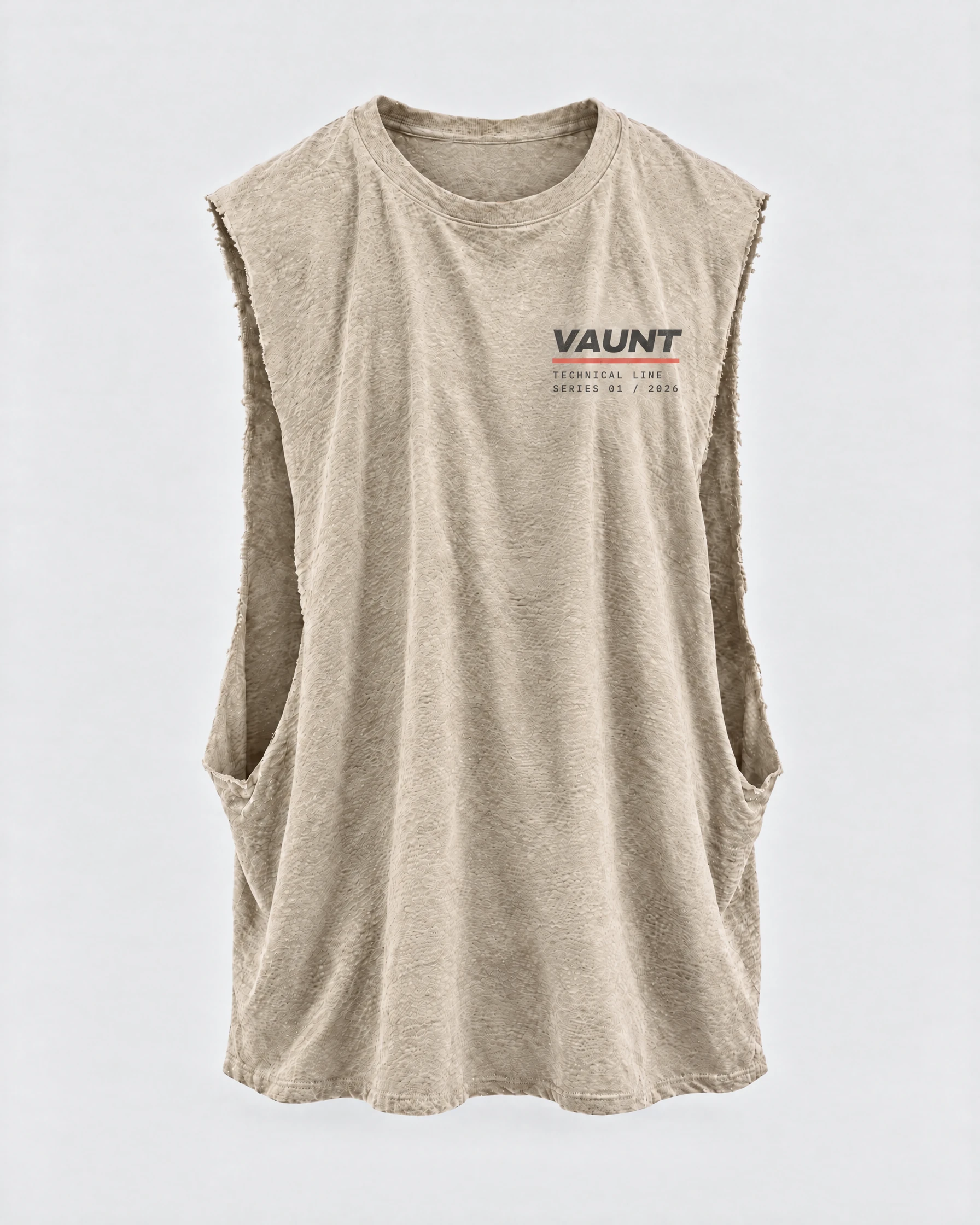 Spec Cutoff in Stone, front garment view