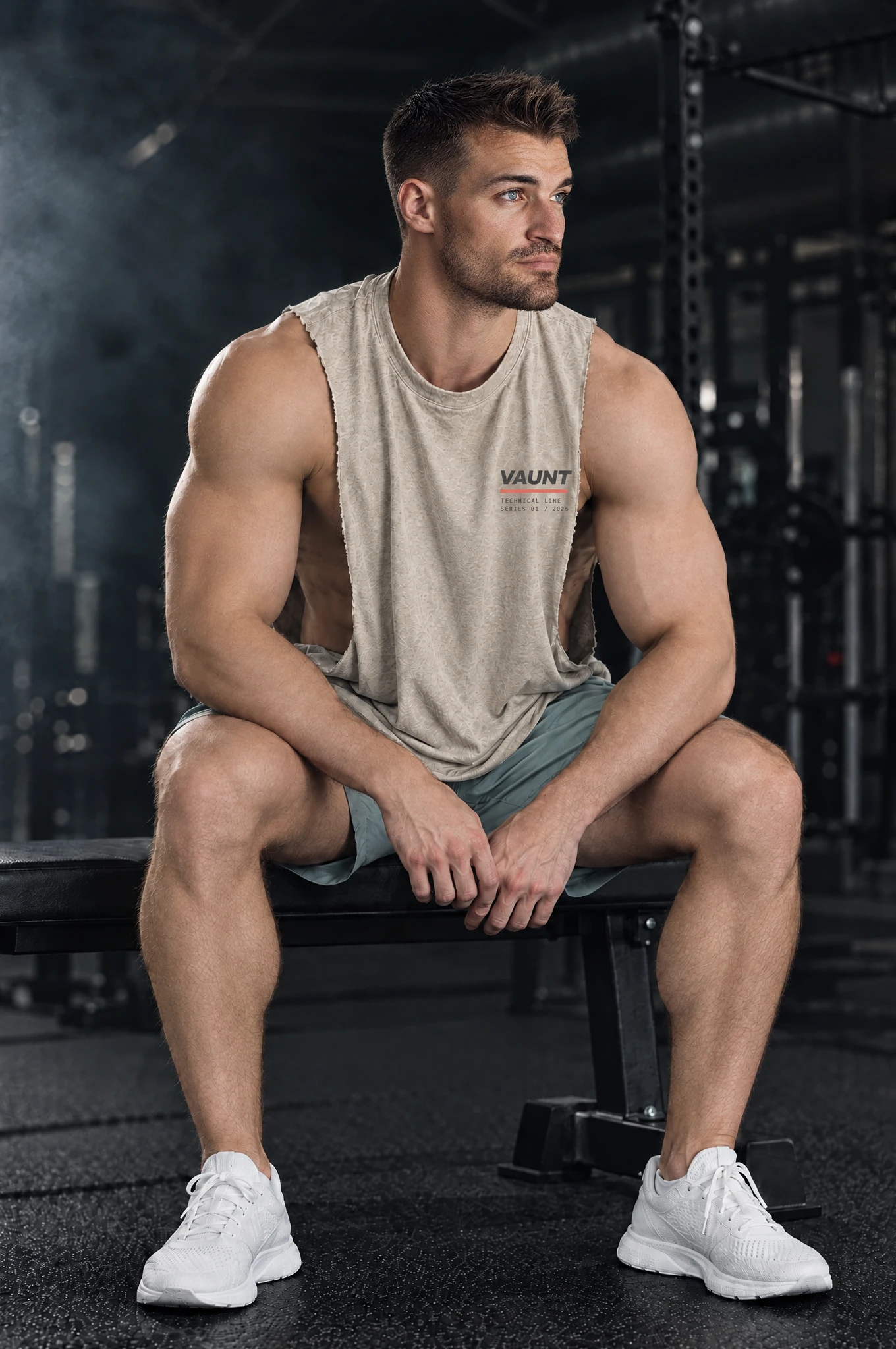 Kyle wearing the Stone Spec Cutoff, seated on a bench