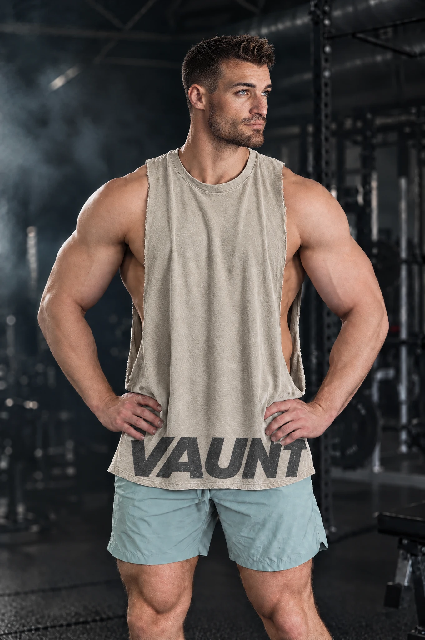 Kyle wearing the Stone Drop Cutoff, hands on hips