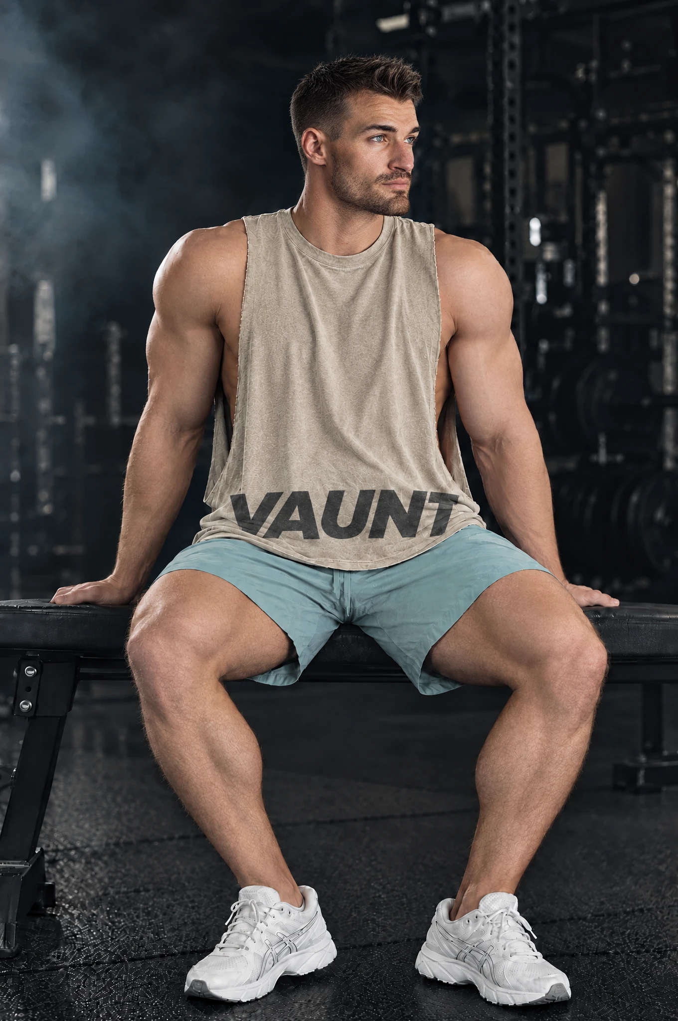 Kyle wearing the Stone Drop Cutoff, seated on a bench