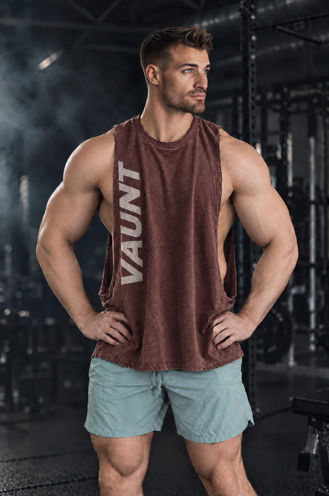Kyle wearing the Oxblood Vertical Cutoff, hands on hips
