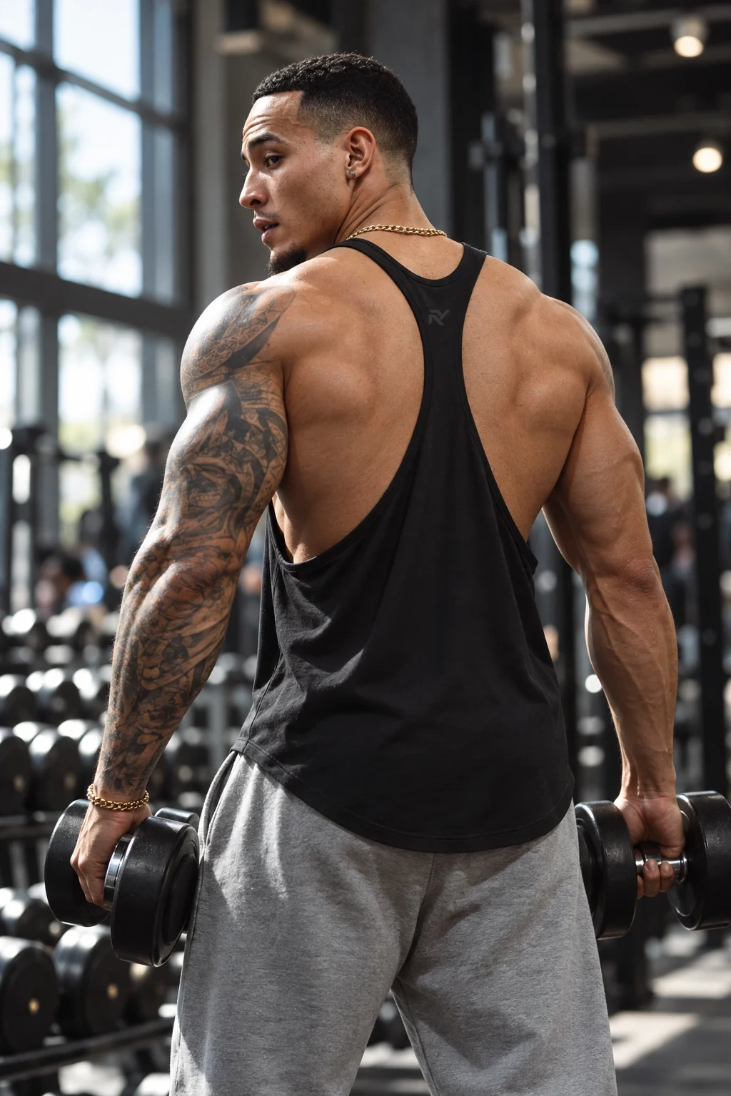Rear view of Luis wearing the Onyx Line Stringer, showing the narrow Y-back and tonal RY mark