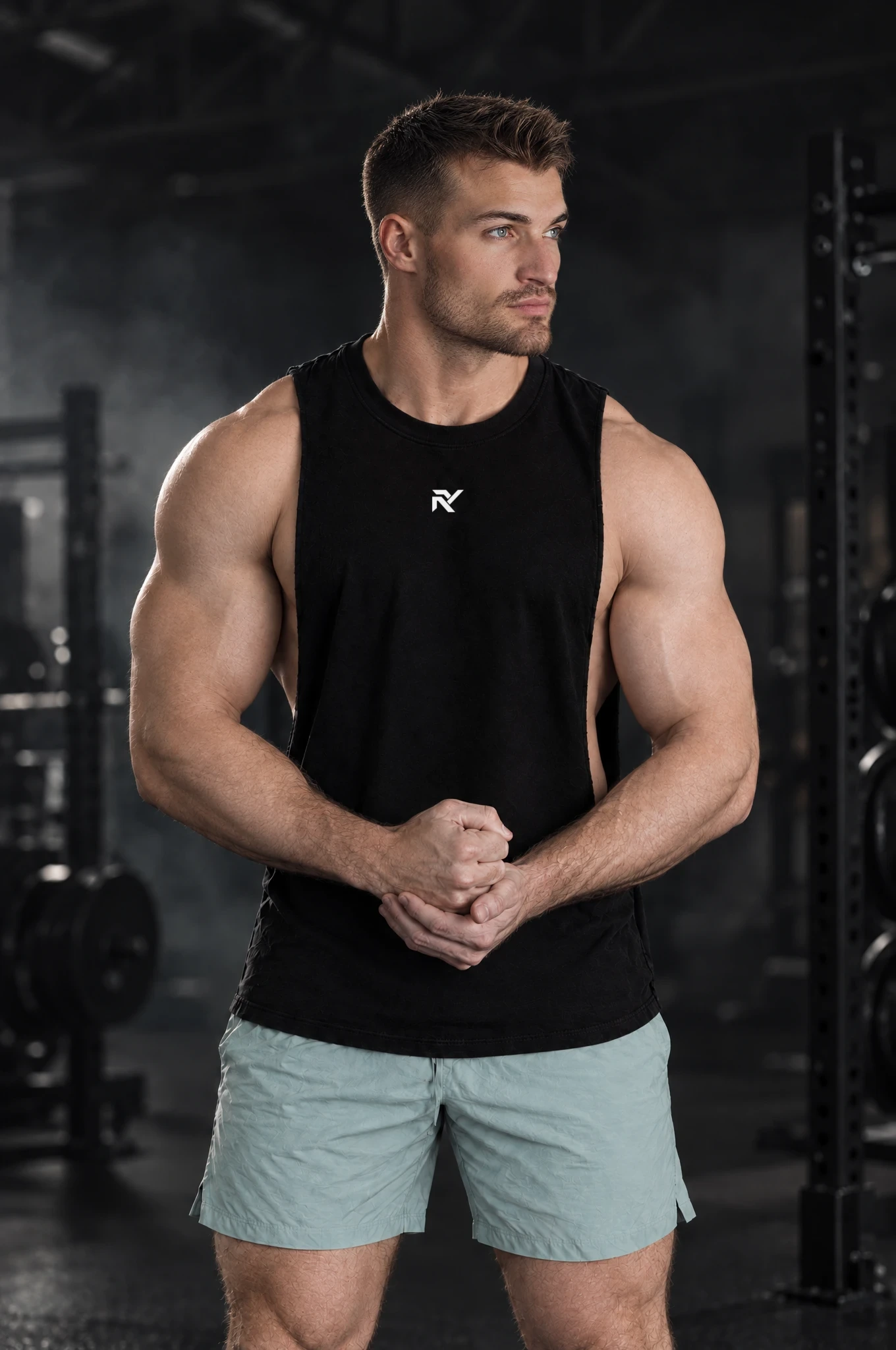 Campus Cutoff in Black, worn by model, fist in palm