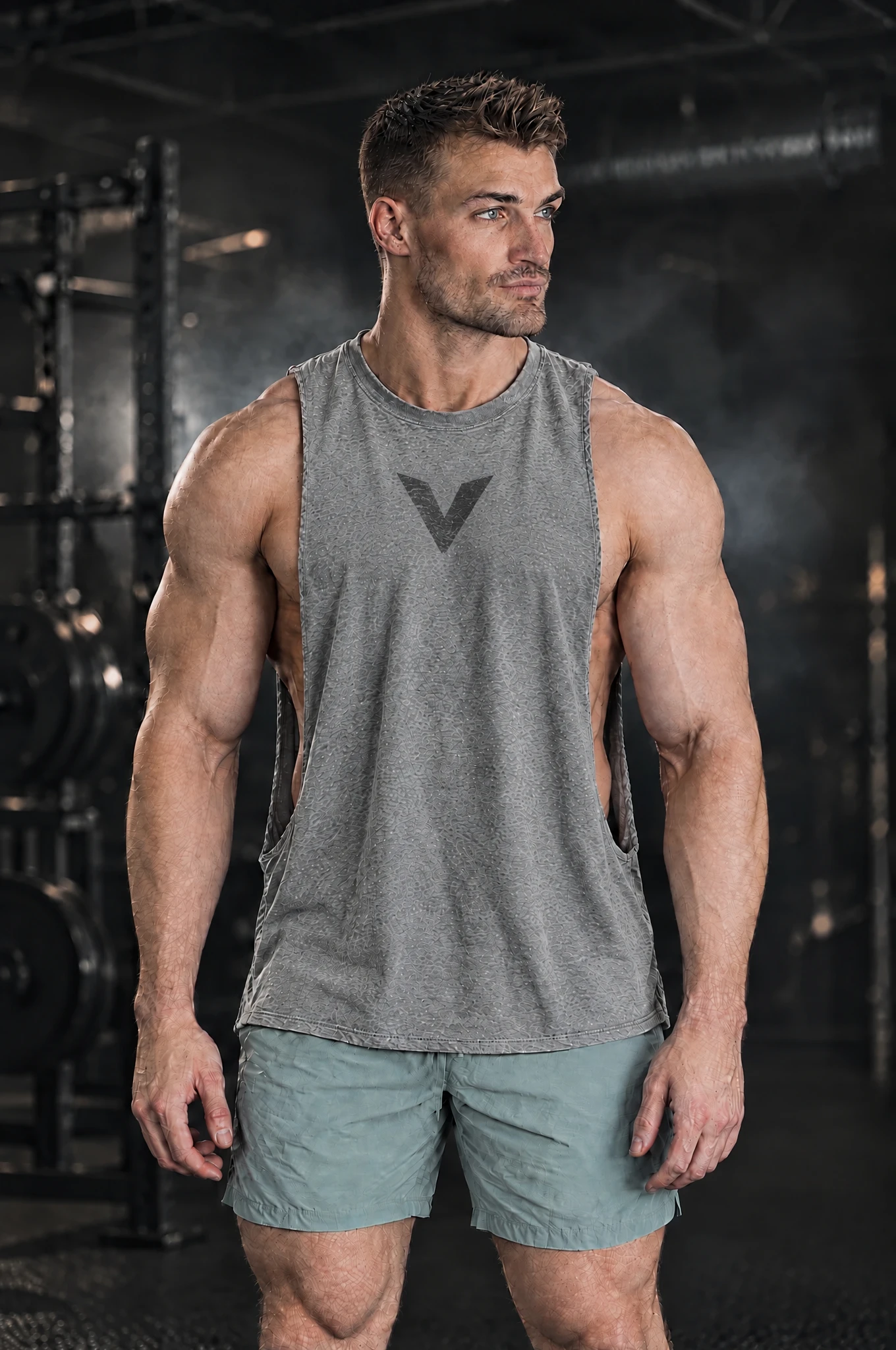 Kyle wearing the Heather Grey Signal Cutoff, front view