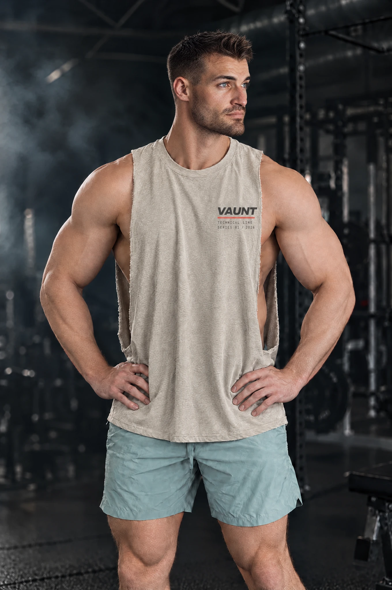 Kyle wearing the Stone Spec Cutoff, hands on hips