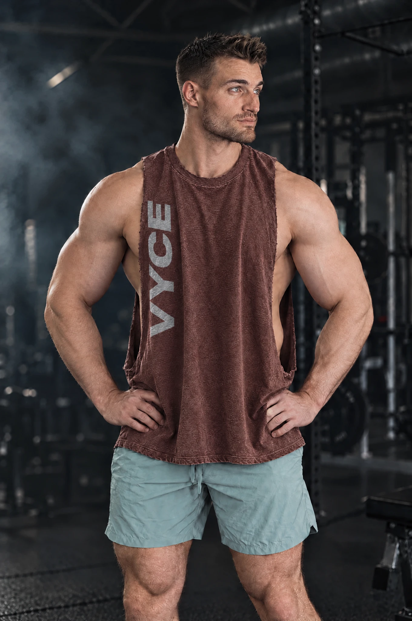 Kyle wearing the Oxblood Vertical Cutoff, hands on hips
